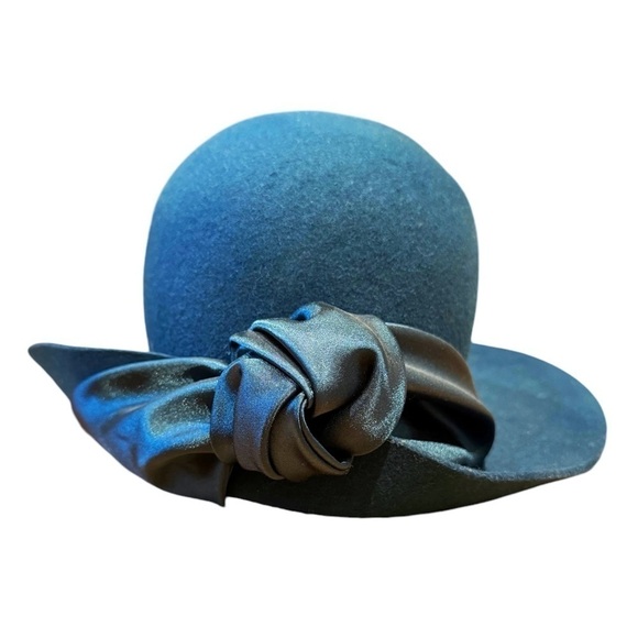 Giovannaio Accessories - Giovannaio | Cloche Wool Hat with Asymmetrical Brim Satin Ribbon Bow Teal